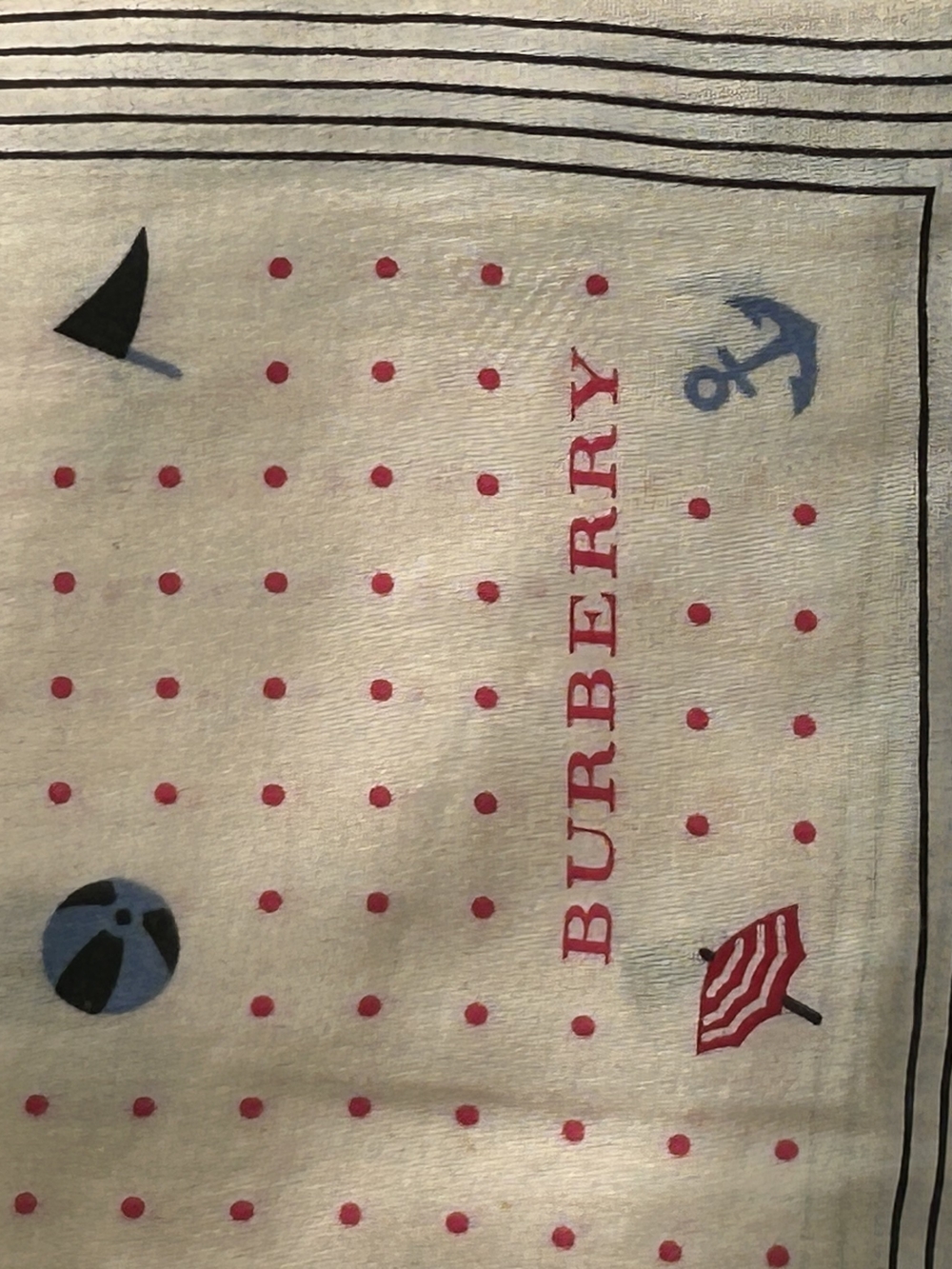 Vtg Burberry Cream Scarf with Pink Polka Dots and Navy Motifs